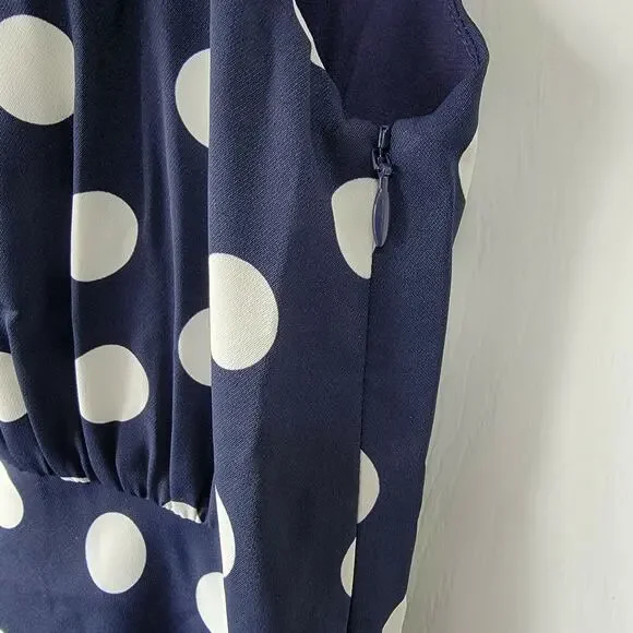 Most Of All Coralie Satin Sleeveless Midi Dress Navy Blue White Polka Dot Size 4 - Picture 5 of 10